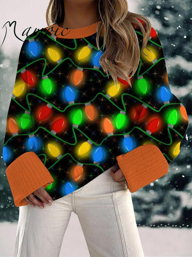 Women's Christmas Light Strings Print Fuzzy Knit Casual Pullover Sweaters