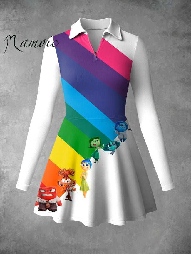 Vintage Rainbow Cute Cartoon Print A-Line Ribbed Zipper Mini Dress