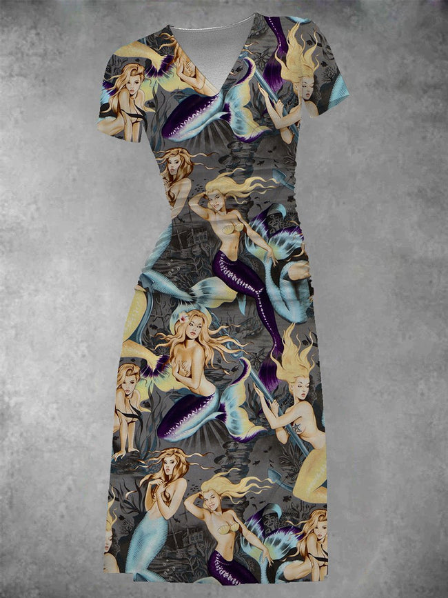 Women's Mermaids Sea Sirens Print Two-Piece Midi Dress Set