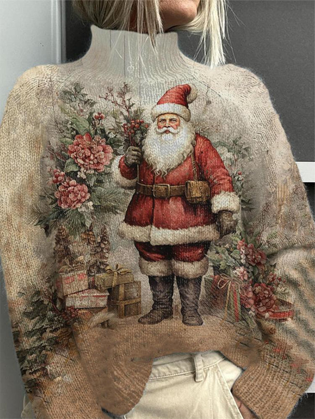 Vintage Santa Print Knit Turtleneck Sweater