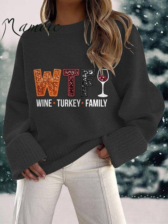 Women's WTF Wine Turkey Family Print Fuzzy Knit Casual Pullover Sweaters