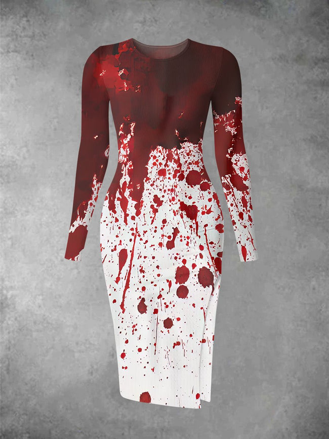 Women's Vintage Halloween Blood Print Long Sleeve Crew Neck Midi Dress