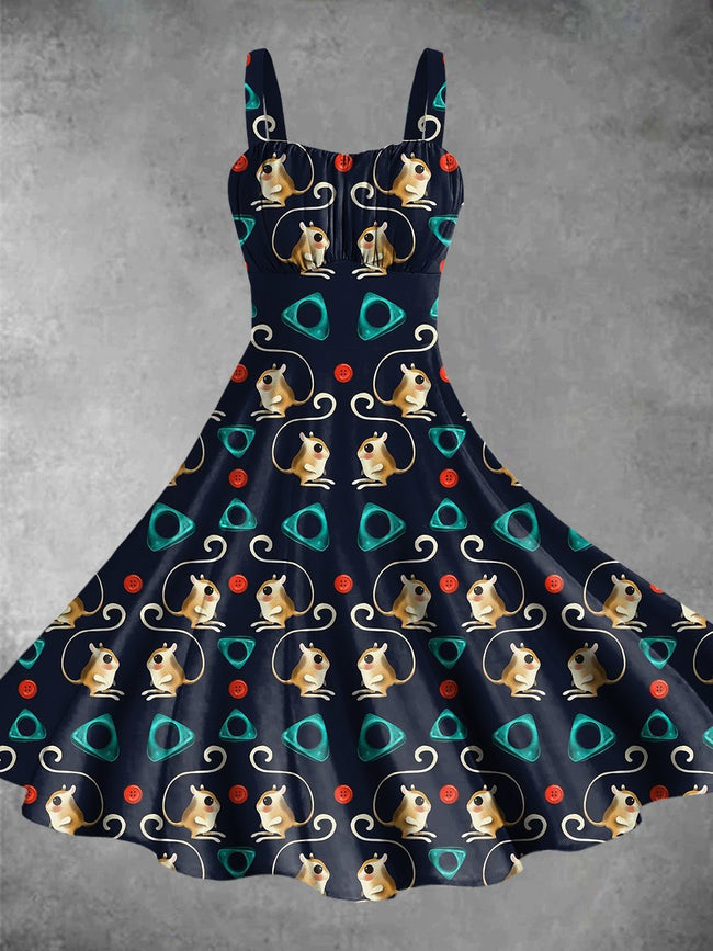 Vintage Cute Cartoon Print Backless Dress