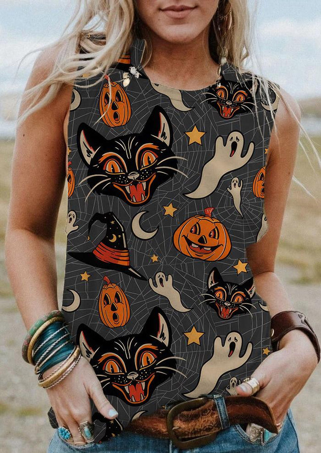 Vintage Halloween Pumpkin Cat Print Tank Top