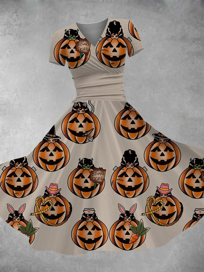 Women's Vintage Halloween Pumpkin Girls Print Maxi Dress