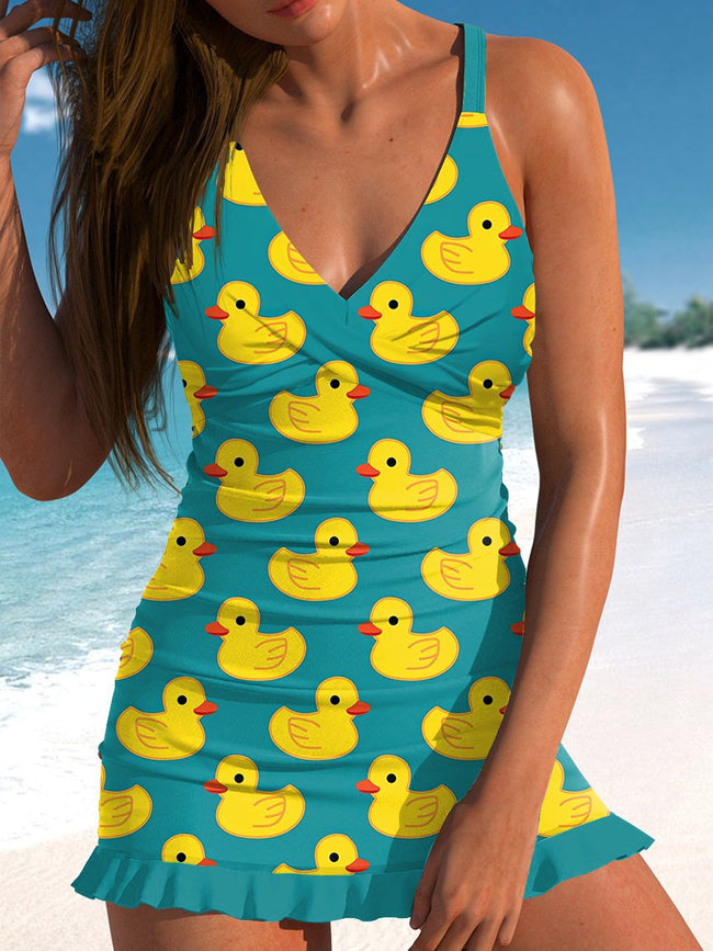 V-Neck Vintage Cute Yellow Duck Print Swimdress And Panty