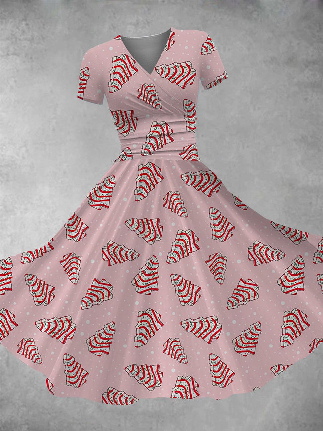 Women's Vintage Christmas Tree Frosted Snack Cakes Print Maxi Dress