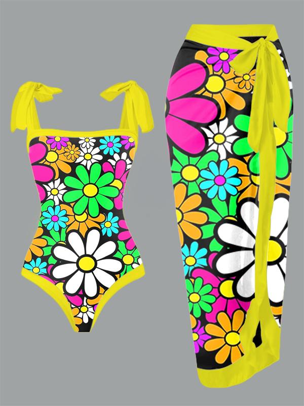 Vintage Flower Print One Piece Swimsuit And Cover Up