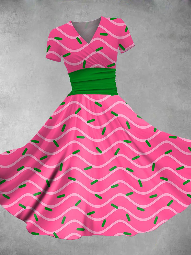 Women's Vintage Pink Christmas Tree Cake Stripes Print Maxi Dress