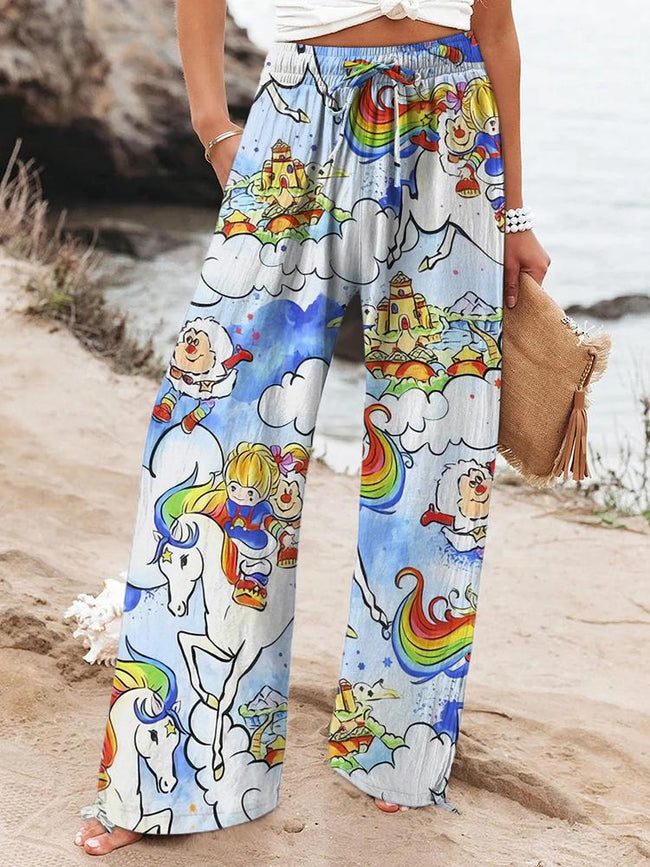 Women's Vintage 1980s Rainbow Girl Printed Casual Pants