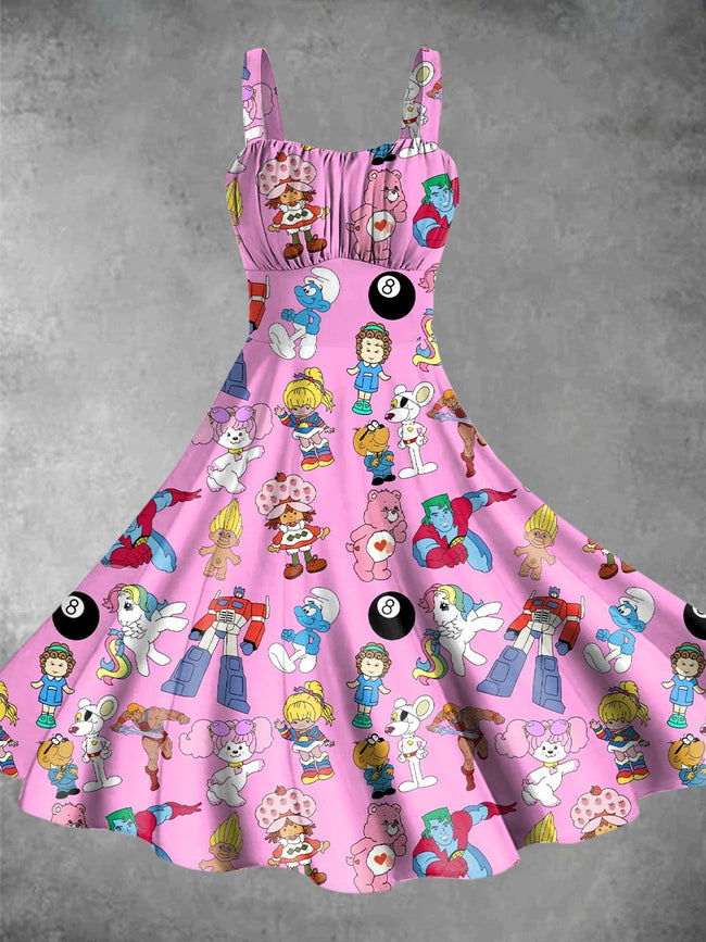 Vintage Cartoon Print Backless Dress