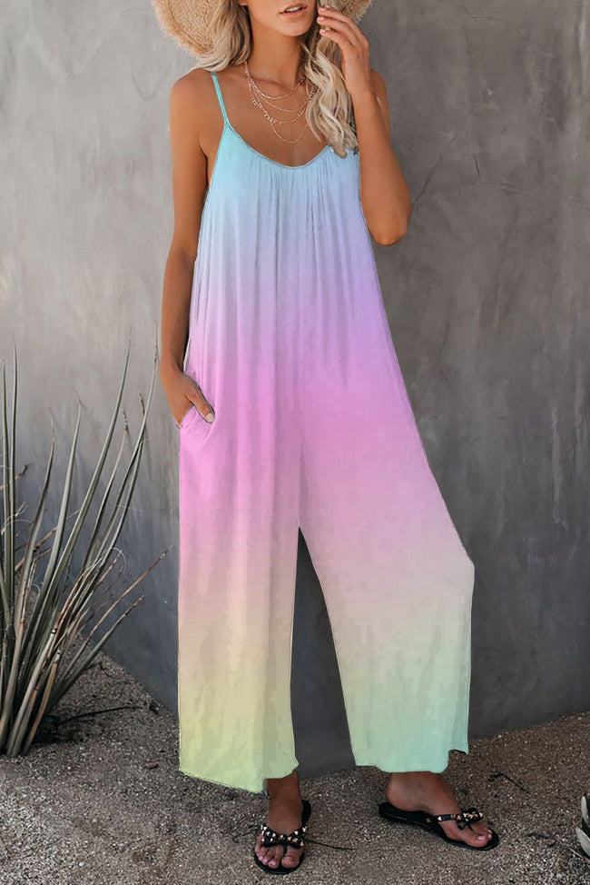 Vintage Gradients Print Wide leg Jumpsuit with Pockets