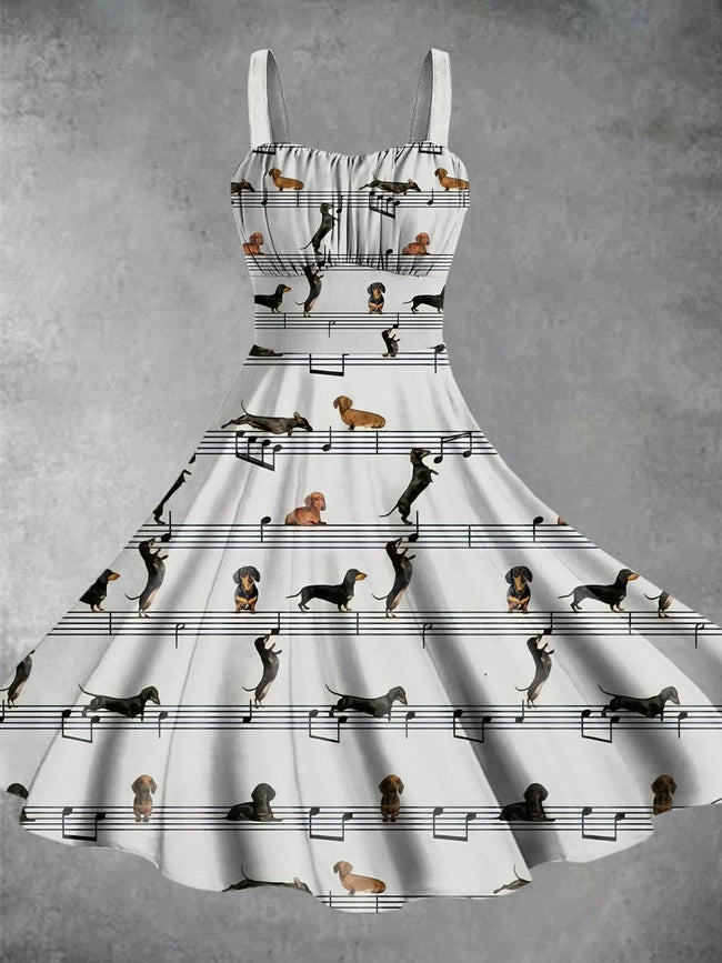 Vintage Dog Musician Print Backless Dress