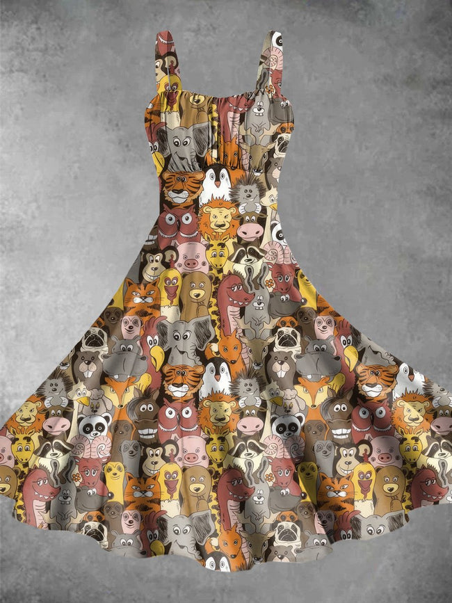 Vintage Animals Print Backless Dress