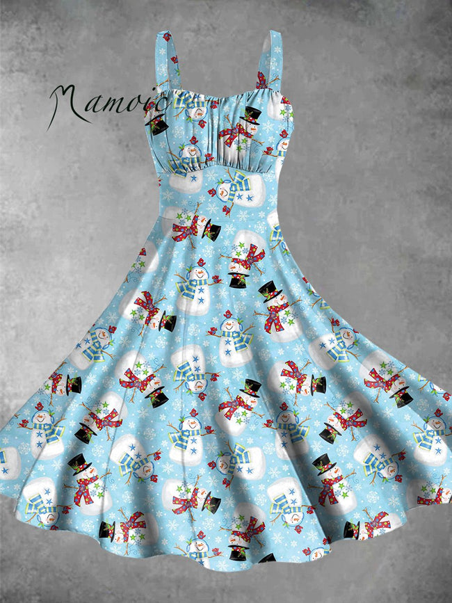 Vintage Christmas Snowman Print Backless Dress