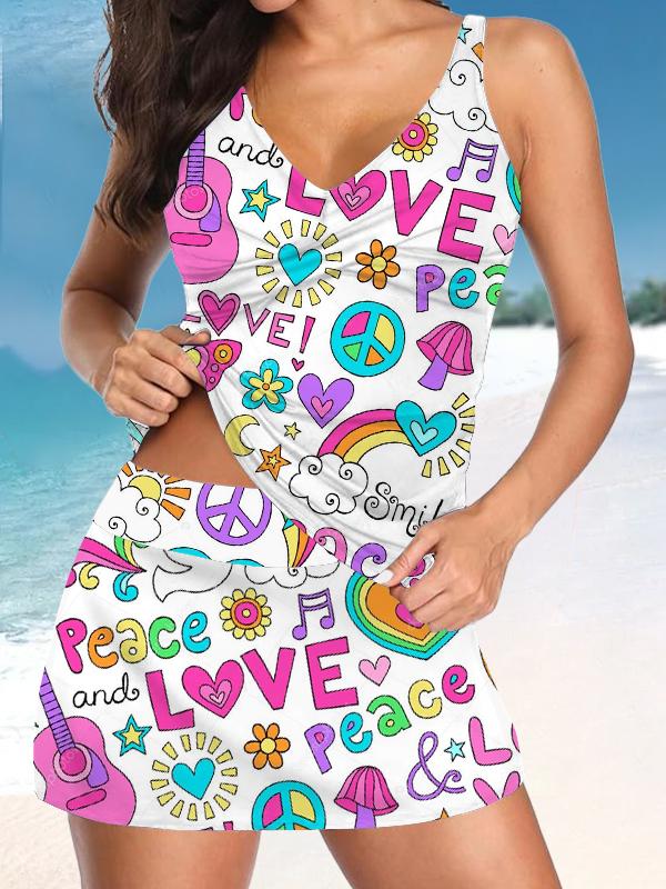 Women’s V-neck  hippie Peace and Love Suspender Skirt Tankini Set Swimsuit