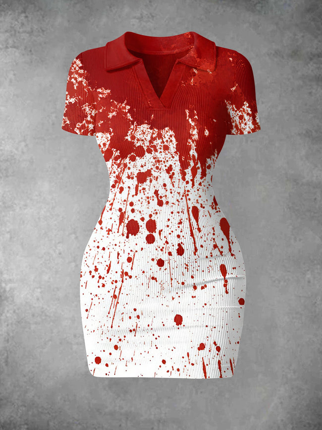 Women's Vintage Halloween Blood Print Ribbed Bodycon Mini Dress