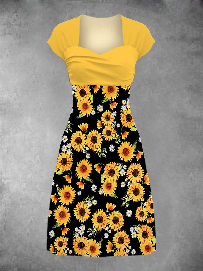 Women's Sunflower Print Patchwork Casual Midi Dress