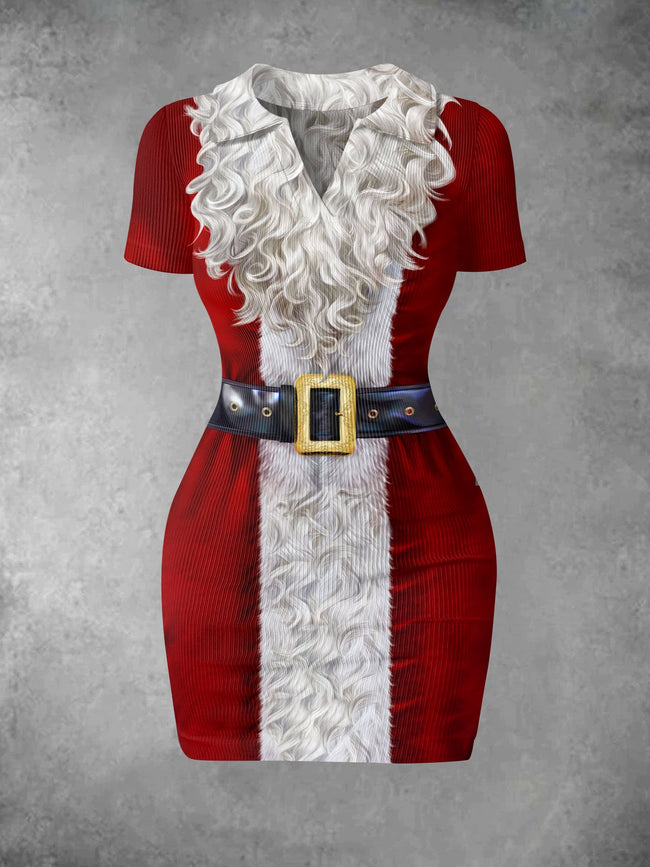 Women's Vintage Santa Claus Print Ribbed Bodycon Mini Dress