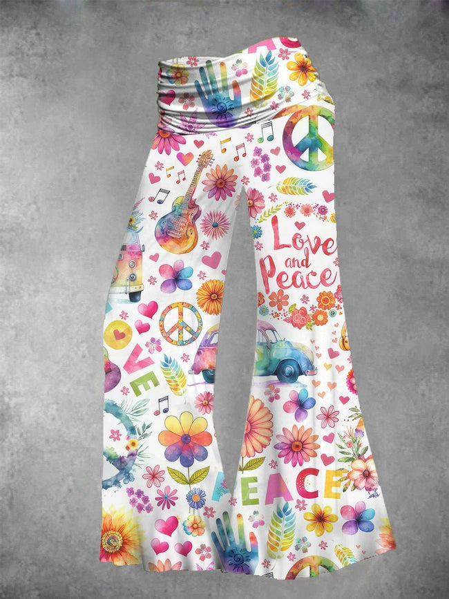 Women's Peace And Love Floral Print Wide Leg Pants