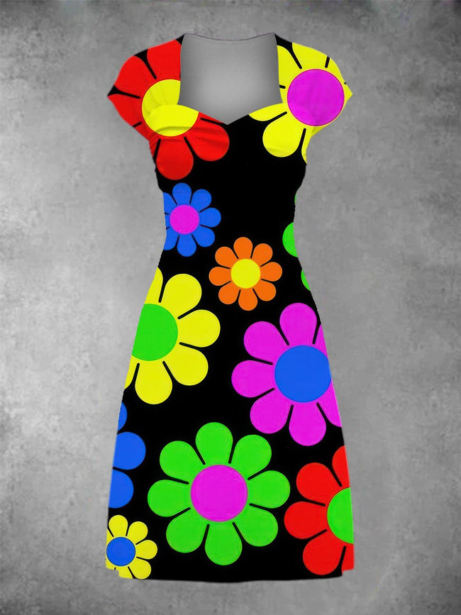 Women's Flowers Print Patchwork Casual Midi Dress