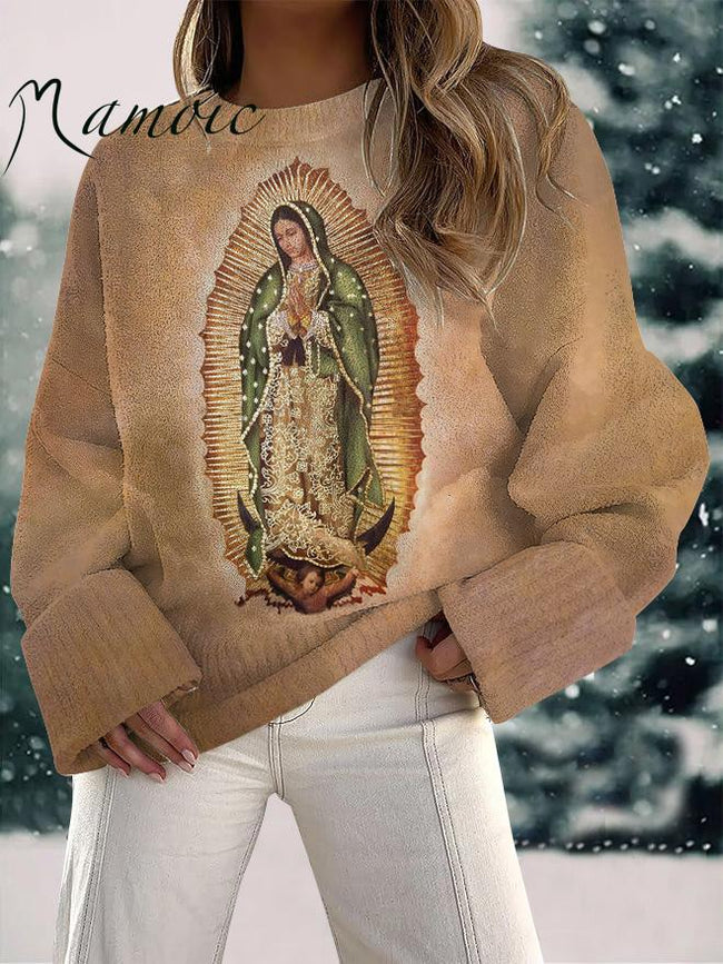 Women's Christian Our Lady Floral Christian Print Fuzzy Knit Casual Pullover Sweaters