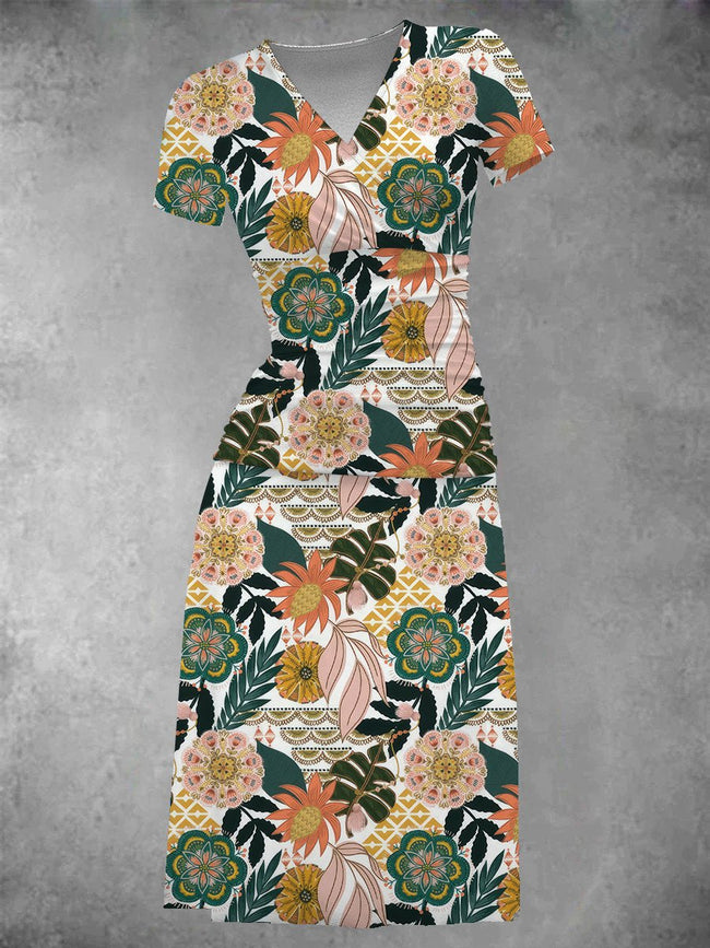Women's Bohemian Botanical Print Midi Dress