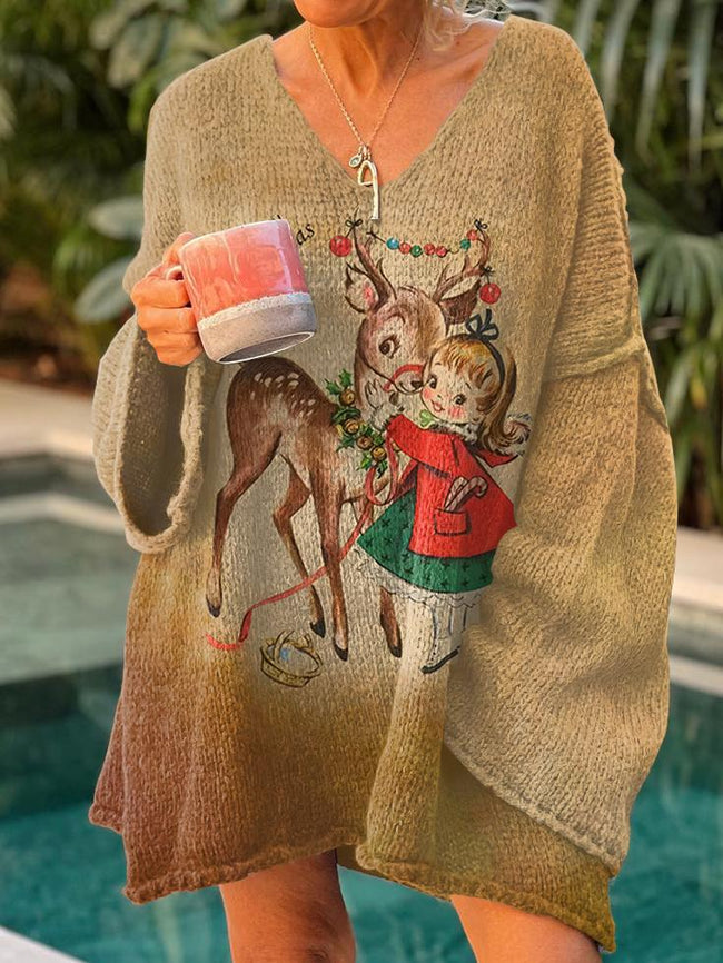 Retro Christmas Print Casual Pullover Sweater