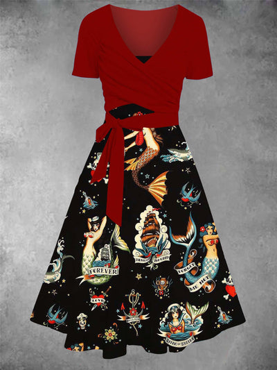Women's Vintage Mermeid Print Two-Piece Dress