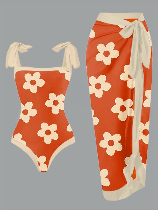 Vintage Flower Print One Piece Swimsuit And Cover Up