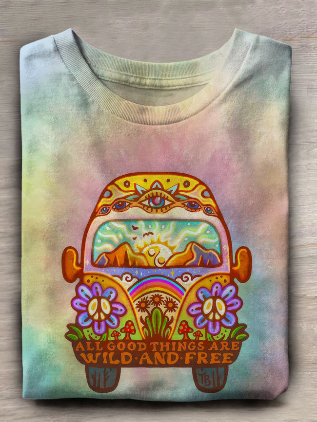 Vintage Hippie Beetle Bus Print Crew Neck T-shirt