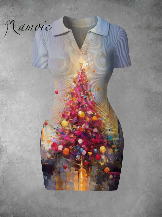 Women's Vintage Art Painting Christmas Tree Print Ribbed Bodycon Mini Dress