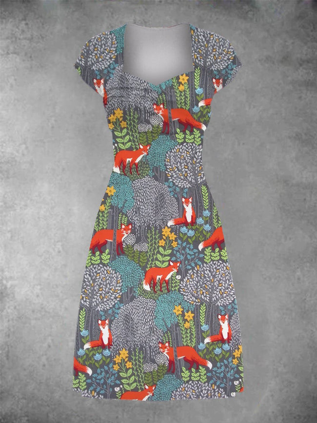 Women's Gold Fox Forest Print Patchwork Casual Midi Dress