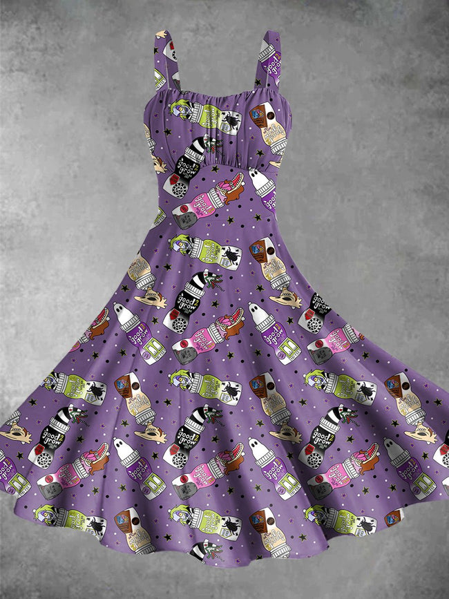 Vintage Halloween Juice Print Backless Dress