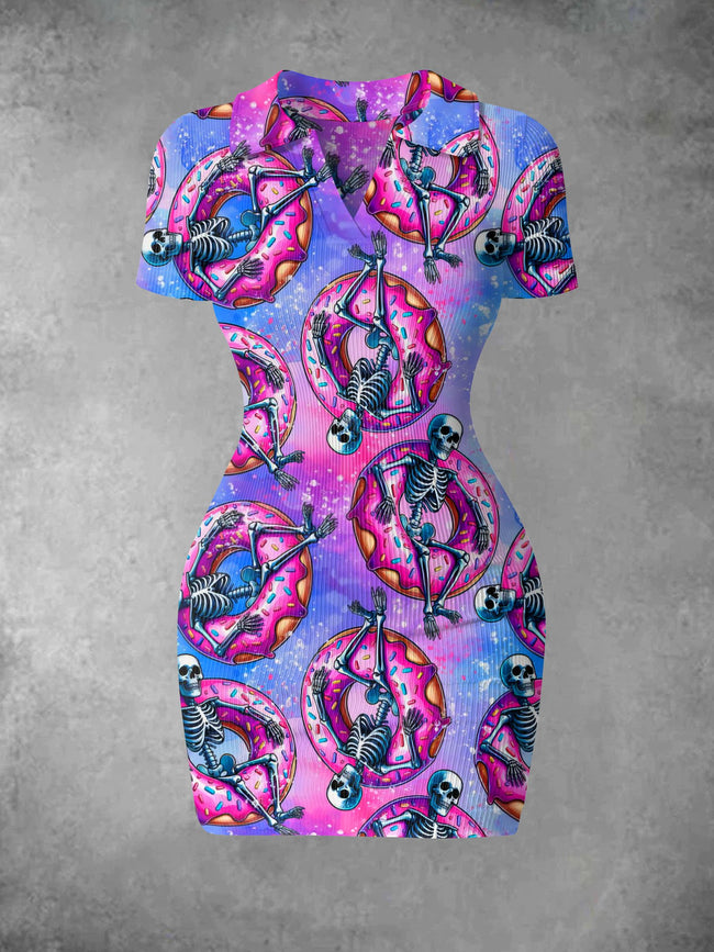 Women's Retro Skeleton Donut Pool Print Ribbed Bodycon Mini Dress