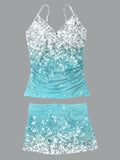 Women’s V-neck Vintage Sequin Art Print Suspender Skirt Tankini Set Swimsuit