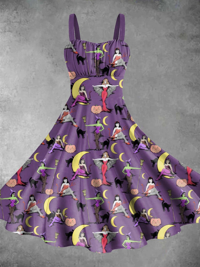 Vintage The Moon and Women Halloween Print Backless Dress