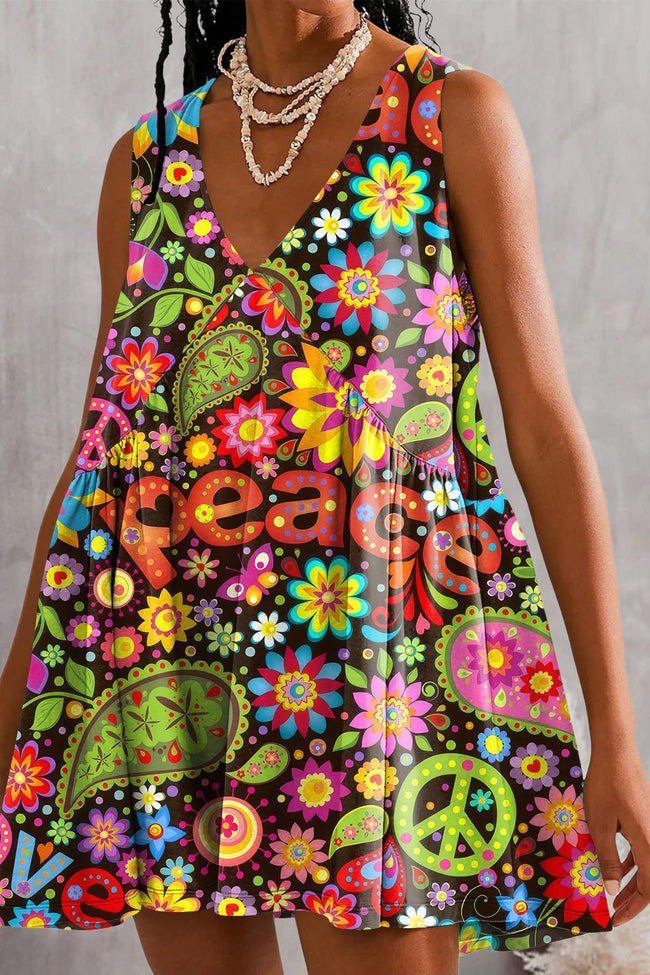 Womens Summer Sleeveless Hippie Peace Floral Print Mini Dress Casual Loose V Neck Sundress with Pockets