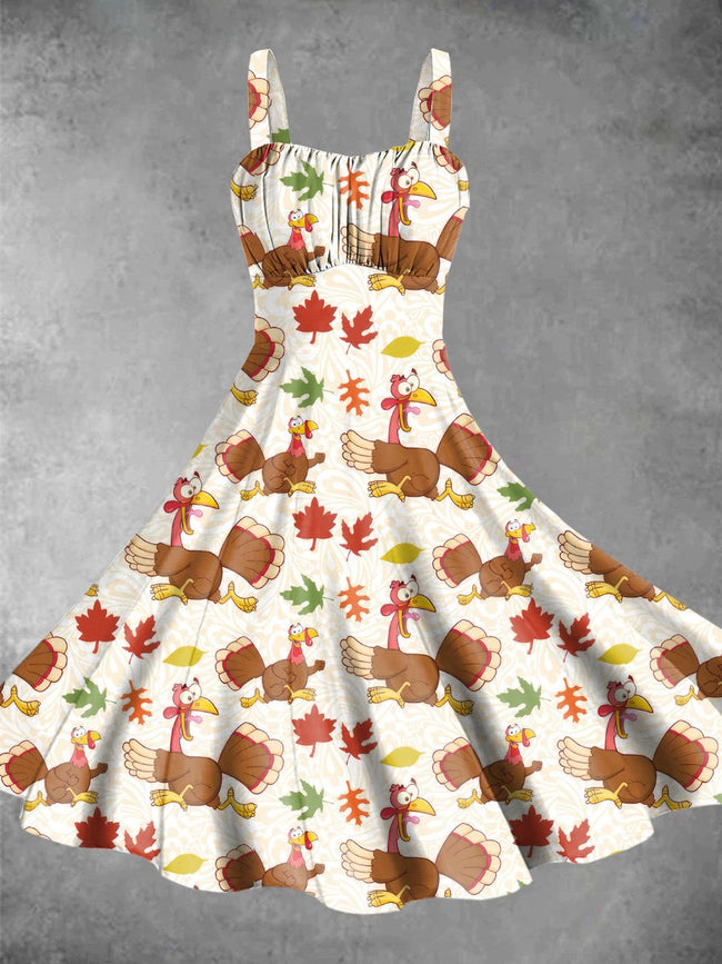 Vintage Thanksgiving Turkey Print Backless Dress