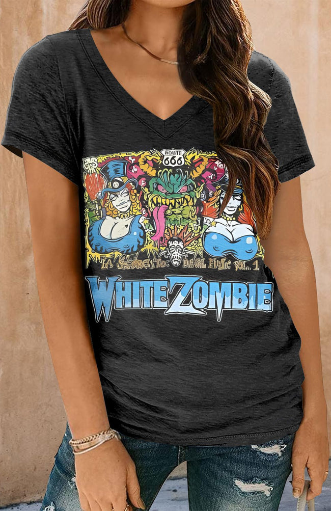 Vintage Zombie Halloween Print Short Sleeve V Neck T-shirt