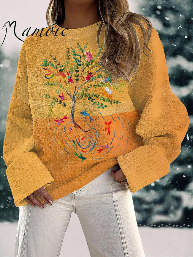 Women's Tree Of Life Print Fuzzy Knit Casual Pullover Sweaters