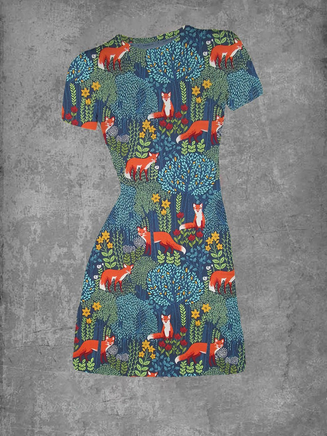 Women's Gold Fox Forest Print Crew Neck T-Shirt Dress