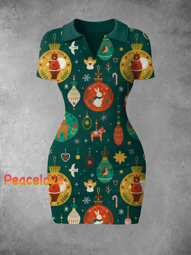 Women's Vintage Christmas Atmosphere Print Ribbed Bodycon Mini Dress