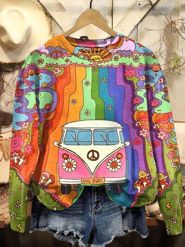 Vintage Hippie Van Print Casual Sweatshirt