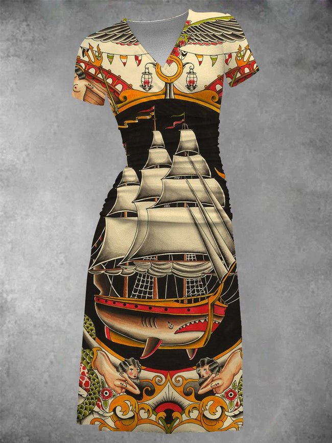 Women's Vintage Shark Print Two-Piece Midi Dress