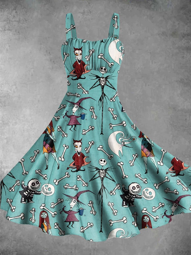 Vintage Halloween Nightmare Print Backless Dress