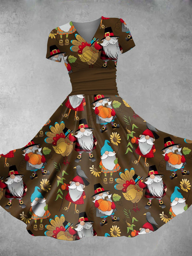 Women's Vintage Thanksgiving Turkey Gnome Print Maxi Dress
