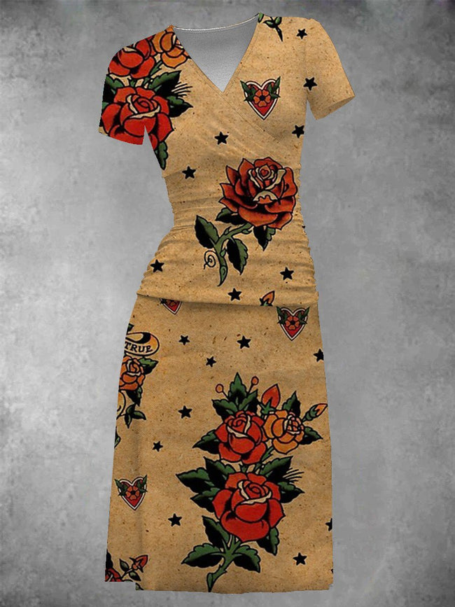 Women's Vintage Old Paper Rose Tattoos Midi Dress