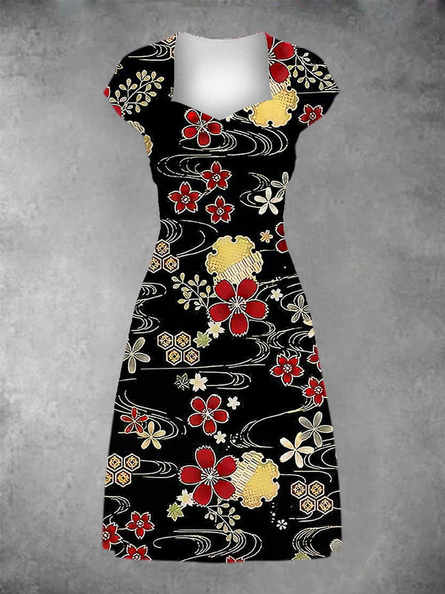 Women's Kyoto Garden Print Patchwork Casual Midi Dress