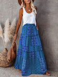 Tiered Vintage Hippie Style Print Pocketed Maxi Skirt